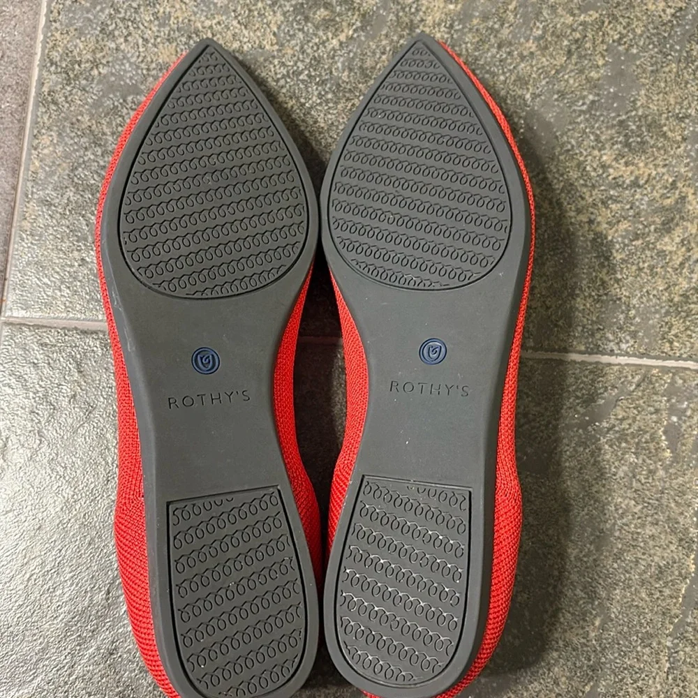 Rothy's Coral-Red Pointed Knit Flats with Blue Trim - Picture 6 of 10
